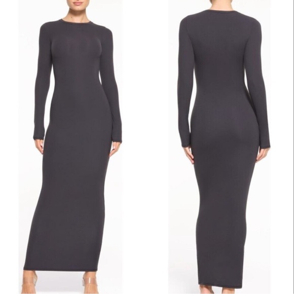 SKIMS Fits Everybody Dress Crew Neck Long Sleeve Bodycon Maxi Graphite XL - Picture 1 of 5